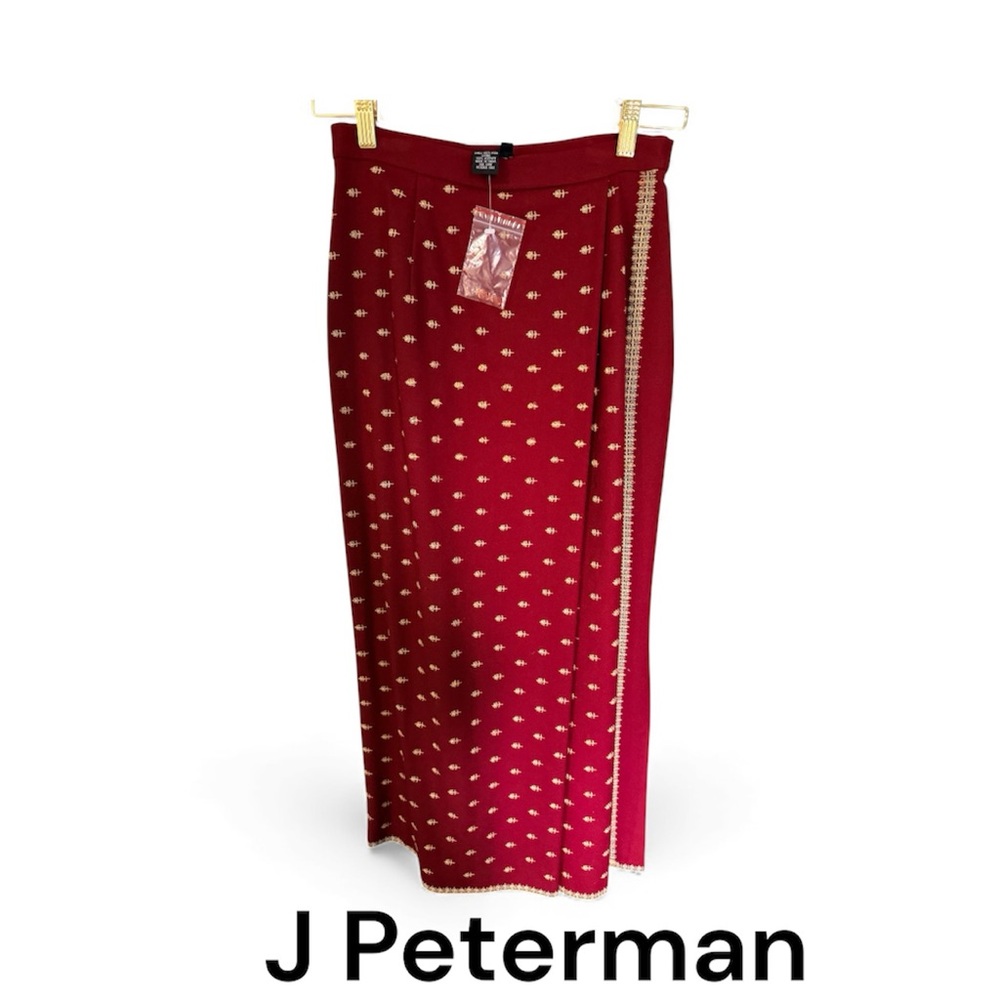 J. Peterman Deep Red Wool Flannel Tea Length Skirt with Gold Accents Size 4 NWT